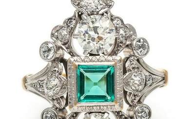 A Platinum Topped Yellow Gold, Emerald and Diamond