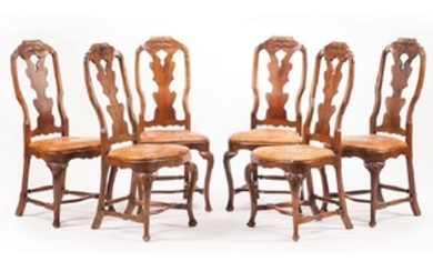 Six Continental Carved Walnut Side Chairs