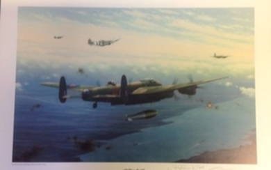 Tall Boy Raid print by Keith Aspinall signed by 5 WW2 bomber veterans, T.G. Muhl DFM, DFC, R G Johnson 75 Sqn, Jack Rochill...