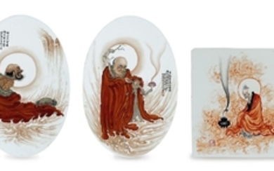 THREE IRON-RED AND GRISAILLE-DECORATED PORCELAIN PLAQUES
