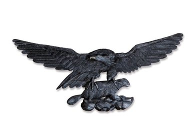 VERY FINE AND RARE LARGE CARVED AND BROWN PAINTED PINE SPREAD-WINGED AMERICAN EAGLE CLUTCHING A BEAVER WALL PLAQUE, NEW YORK OR ENGLAND, CIRCA 1850