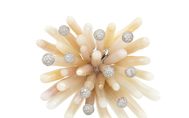 White Gold, Freshwater Pearl and Diamond Sea Urchin Clip-Brooch