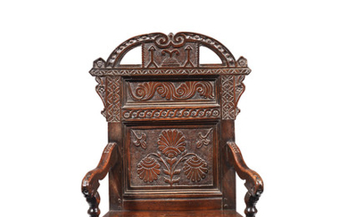 A rare Charles II joined oak panel-back open armchair, South-West Yorkshire/Derbyshire, circa 1675
