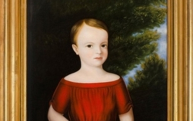 AMERICAN SCHOOL, Mid-19th Century, Portrait of a child in a red gown holding a crop., Oil on canvas, 25.25" x 20". Framed 32" x 26.25".