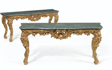 A PAIR OF LOUIS XV STYLE GILTWOOD CONSOLE TABLES, MODERN