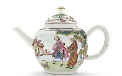A FINELY ENAMELED EUROPEAN SUBJECT TEAPOT AND COVER, QIANLONG PERIOD, CIRCA 1755 AND 1770