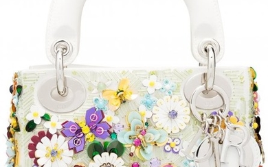 58053: Christian Dior White Satin & Multicolor Flower E