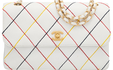 Chanel White Quilted Caviar Leather Multi-Color Stitched Single Flap...