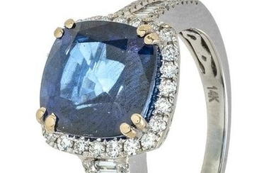 5.92CT Sapphire, Diamond & 14KT White Gold Ring, Size: 6.75, 5.86G