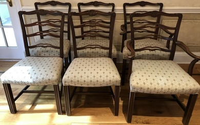 6 Antique Carved Chippendale Ribbon Back Chairs