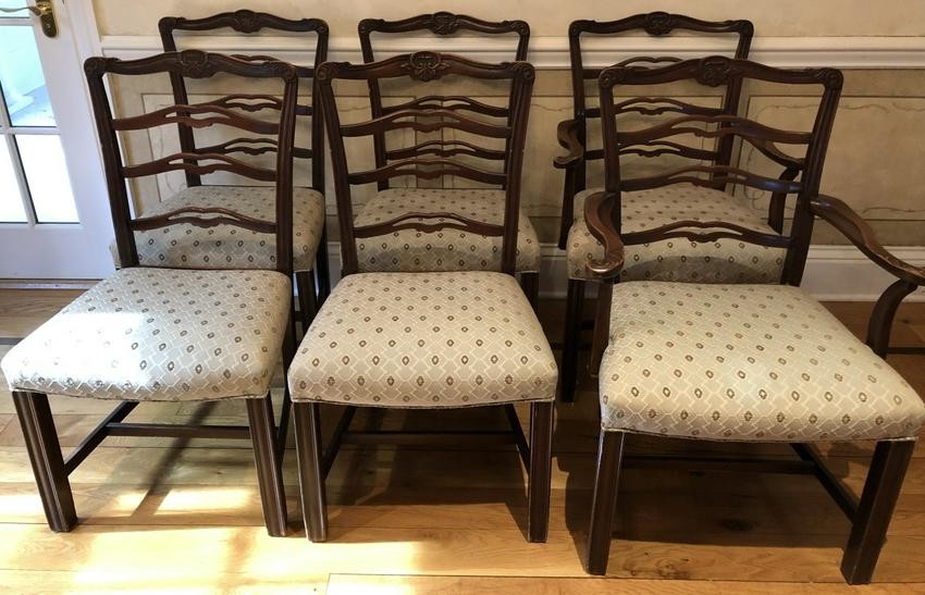 6 Antique Carved Chippendale Ribbon Back Chairs