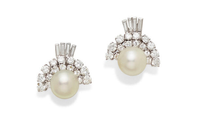 A pair of cultured pearl, diamond and white gold ear clips