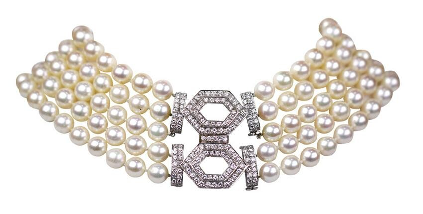 Cultured pearl, diamond, and white gold multi-strand