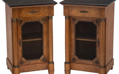 A Pair of Empire-Style Burlwood and Marble-Toppe