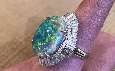 7.71 Carat Certified Black Opal and Diamond Ring in Platinum