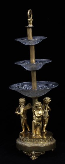 FRENCH BRONZE & CRYSTAL 3 TIER CENTERPIECE