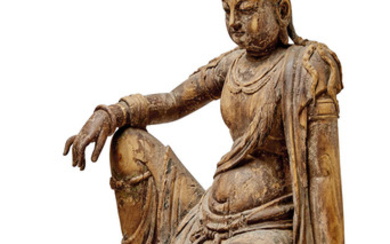 A CARVED WOOD FIGURE OF A BODHISATTVA