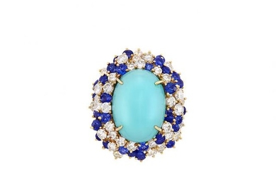 Gold, Turquoise, Diamond and Sapphire Ring