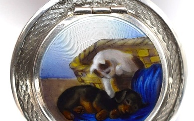 935 silver guilloche enamel cat & dog themed compact/pendant