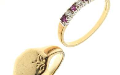 9ct gold ruby and diamond five-stone half eternity ring, and a 9ct gold signet ring