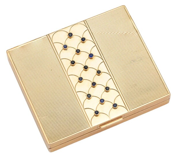 A 14ct gold compact, of rectangular engine-turned design with internal compact powder divider, the hinged lid set with fifteen very small cabochon sapphires, gross weight 129g, c.1940