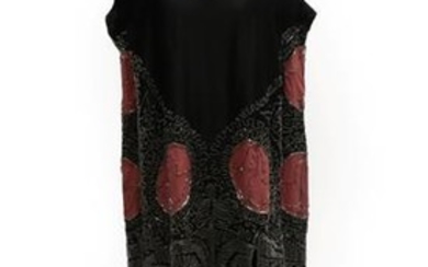 A 1920's Black Silk Flapper Dress, with pink silk appliqué...
