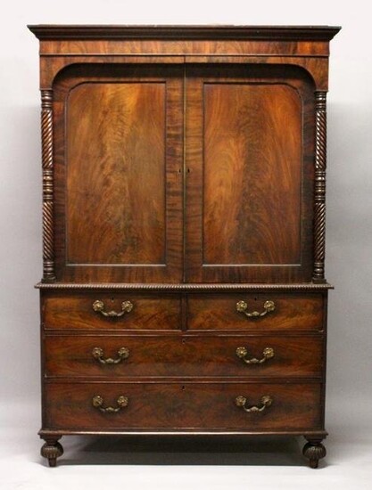 A 19TH CENTURY LINEN PRESS, with a moulded cornice