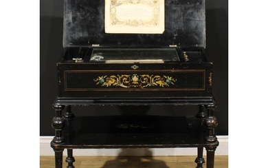 A 19th century Swiss ebonised music box on stand, 32.5cm cyl...