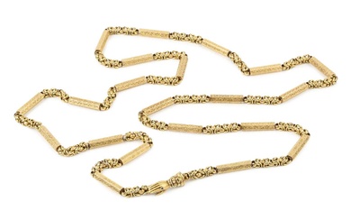 A 19th century yellow precious metal long chain, composed of...