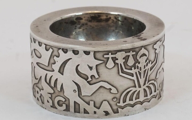 A 650th Anniversary Goldsmiths Company silver drum salt cellar, by Naylor Brothers, London, 1977, designed by Alex Styles, engraved DES. A.G. STYLES to underside, 6cm dia., weight approx. 2.3oz