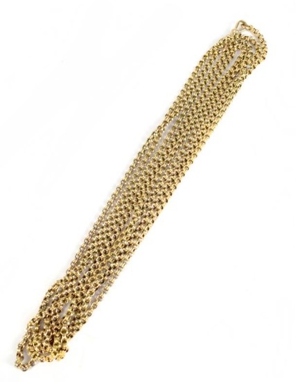 A 9ct yellow gold watch chain loop, length 86cm,...
