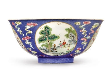A BLUE-GROUND FAMILLE-ROSE SGRAFFIATO 'MEDALLION' BOWL, DAOGUANG SEAL MARK AND PERIOD