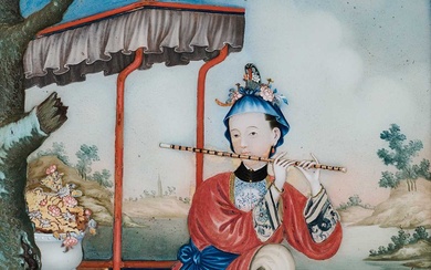 A CHINESE EXPORT REVERSE GLASS PAINTING OF A MAIDEN PLAYING A FLUTE, QING DYNASTY, 18TH CENTURY