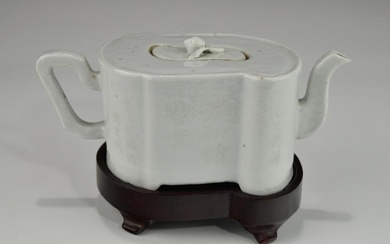 A CHINESE QING DYNASTY GRISAILLE DECORATED WHITE GLAZED PORCELAIN TEAPOT