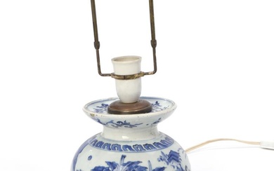 A Chinese blue and white hookah base of bell-shape painted with a...