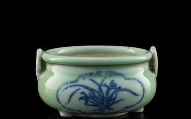 A Chinese celadon-ground blue and white censer, late 19th century