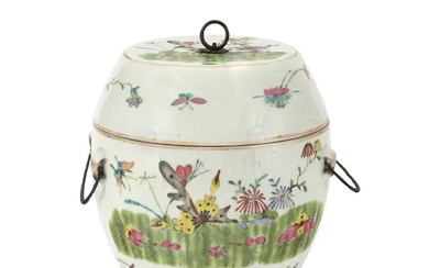 A Chinese famille rose barrel form jar and cover Early 20th century...