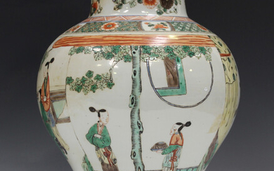 A Chinese famille verte porcelain vase, Transitional style but late Qing dynasty, of baluster form