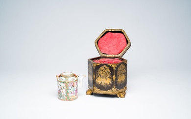 A Chinese hexagonal export Canton black- and gold-lacquer tea box with a matching famille rose...