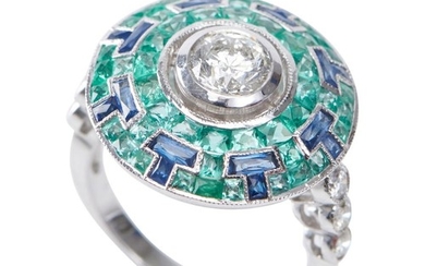 A DIAMOND, EMERALD AND SAPPHIRE RING