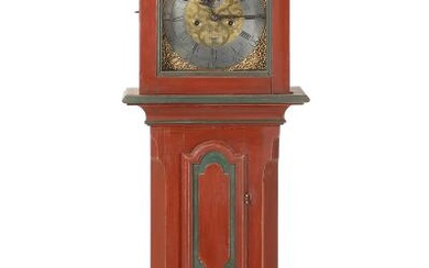 A Danish 18th century gilded and red painted wood Rococo longcase clock,...