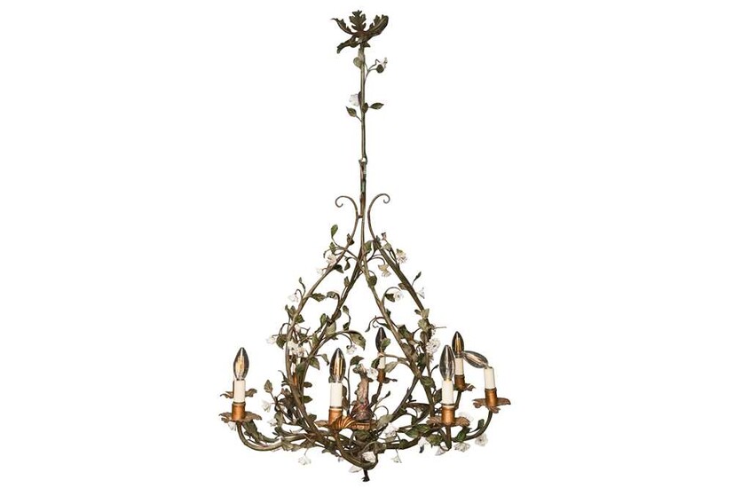 A FRENCH TASTE EIGHT LIGHT PAINTED METAL OPENWORK CHANDELIER, IN THE THE 18TH CENTURY STYLE
