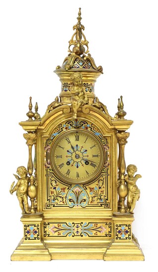 A French Louis XVI-style gilt-bronze and champlevé enamel mantel clock