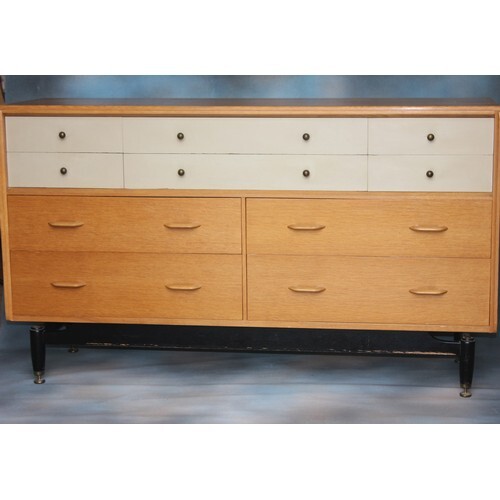 A G-Plan "China White" range sideboard, blond oak and painte...