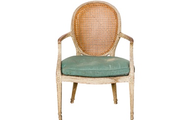 A GEORGE III PERIOD PAINTED BEECH ELBOW CHAIR, CIRCA 1780