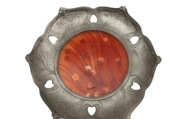A GLASS DISH WITH PEWTER FRAME EARLY 20TH C