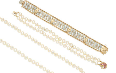 A GROUP OF 14K GOLD, GEM-SET AND CULTURED PEARL JEWELRY
