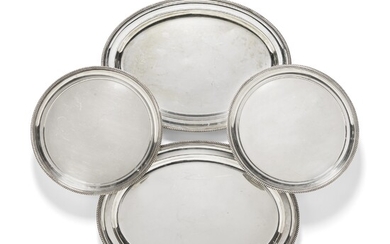 A GROUP OF FOUR ELIZABETH II SILVER-PLATED DISHES AND TRAYS