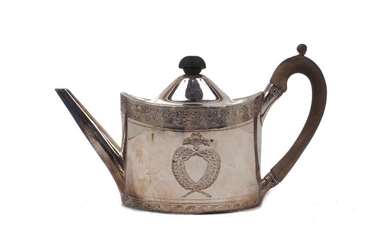 A George III silver teapot, London, 1794, Frances Purton, of oval form with foliate and wheat sheaf engraved band to upper rim and laurel bordered cartouches to body, the lid with rubber finial (replacement) and the wooden handle with pins...