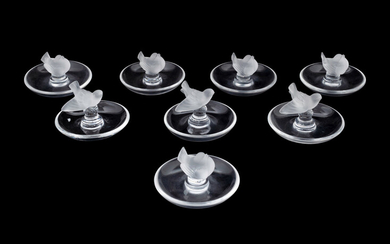 A Group of Eight Lalique Ring Trays with Birds
